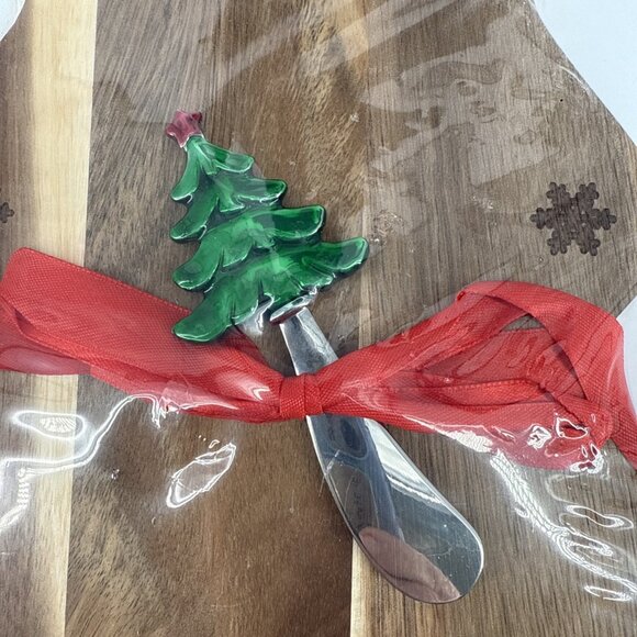 Holiday Time Christmas Tree Shaped Acacia Wood Serving Board w Matching Spreader - Picture 2 of 6